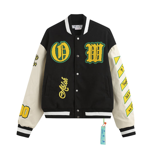 Off-White Graphics Leather Varsity Jacket Yellow